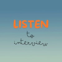 the words listen to interview on a blue background